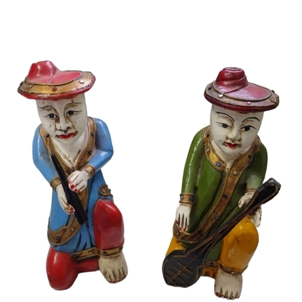 Pair Of Vintage Handmade Asian Wood Cultural Figurines‎
